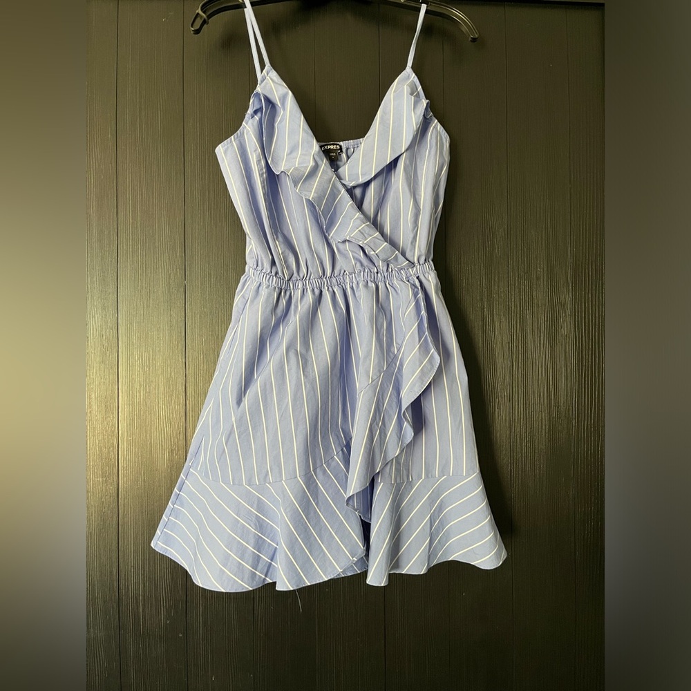 Expressss baby blue with white strips, ruffle cross over dresss